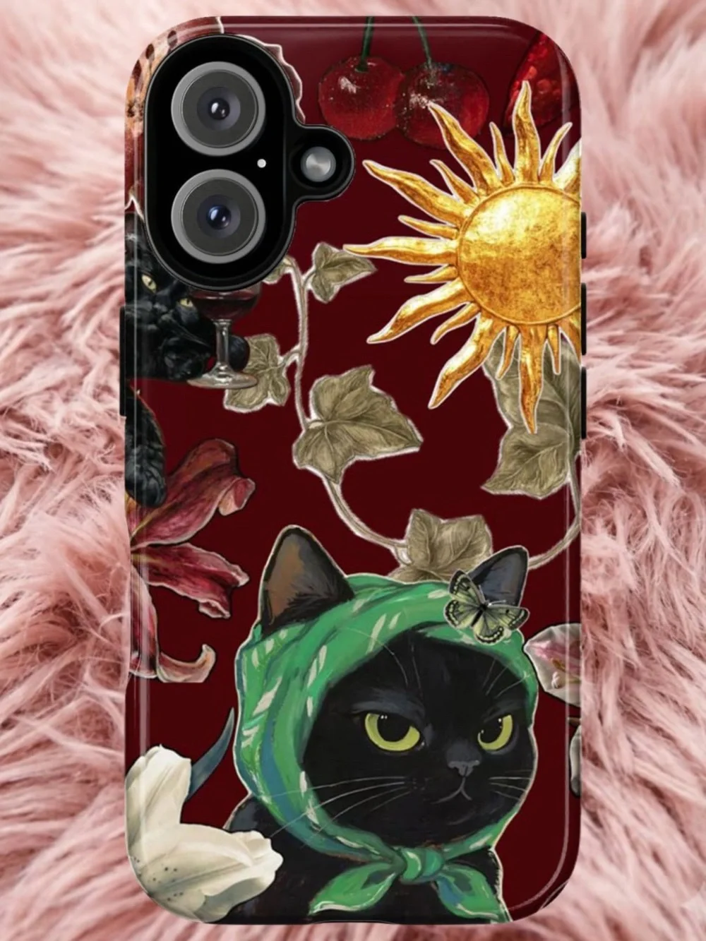 Black Cat Floral Phone Case in Burgundy with Green Scarf
